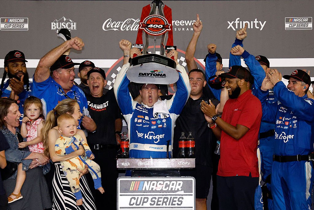 DAYTONA BEACH, FLORIDA - AUGUST 29: Ryan Preece, driver of the #60 Kroger/OIKOS Ford, celebrates in victory lane after winning the NASCAR Cup Series Coke Zero Sugar 400 at Daytona International Speedway on August 29, 2026 in Daytona Beach, Florida. (Photo by Sean Gardner/Getty Images)