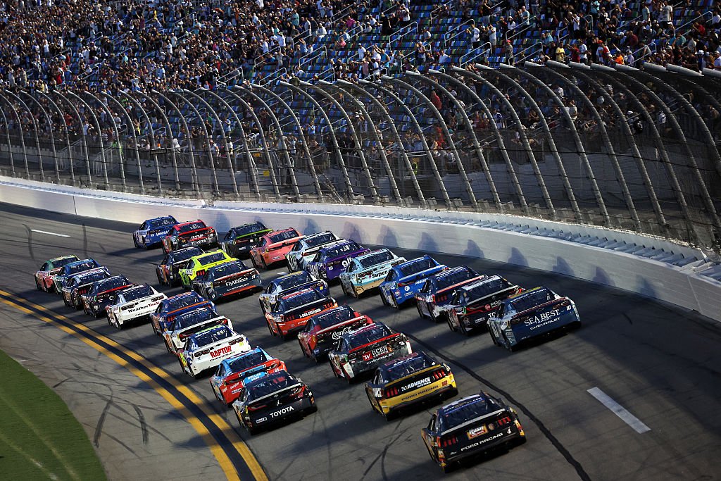 DAYTONA BEACH, FLORIDA - AUGUST 29: A general view of racing during the NASCAR Cup Series Coke Zero Sugar 400 at Daytona International Speedway on August 29, 2026 in Daytona Beach, Florida. (Photo by James Gilbert/Getty Images)