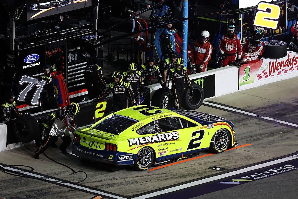 DAYTONA BEACH, FLORIDA - AUGUST 29: Austin Cindric, driver of the #2 Menards/Maytag Ford, pits during the NASCAR Cup Series Coke Zero Sugar 400 at Daytona International Speedway on August 29, 2026 in Daytona Beach, Florida. (Photo by James Gilbert/Getty Images)